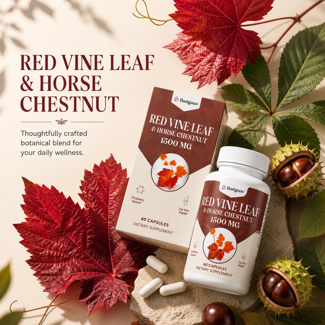 Basigano Red Vine Leaf & Horse Chestnut Extract Capsules with measuring spoon