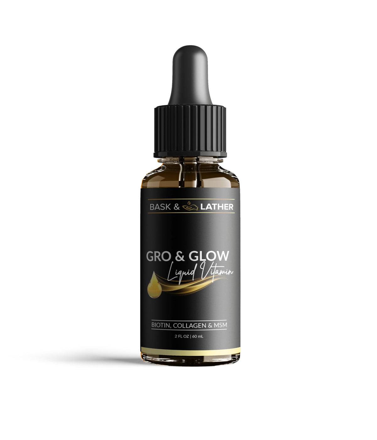 BASK & LATHER Gro & Glow Liquid Vitamin front view with cherry flavour