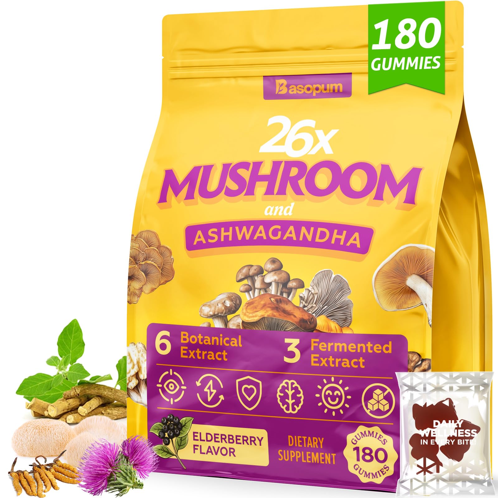 Basopum Mushroom Gummies front view with elderberry flavour
