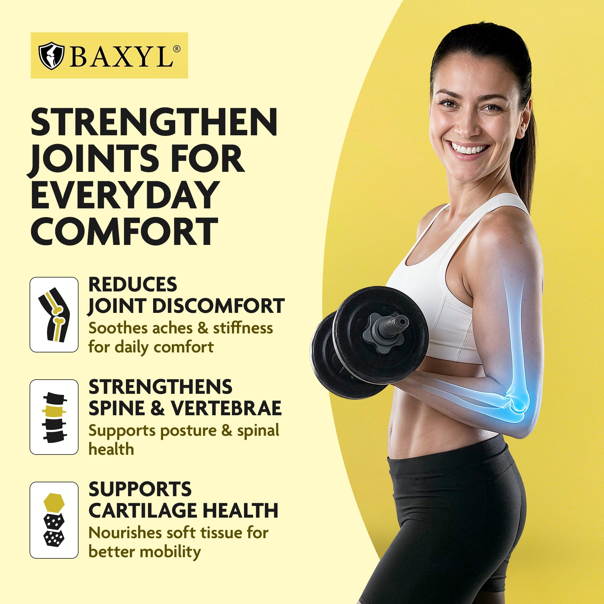 BAXYL Hyaluronic Acid Joint Support Liquid 170g with a glass of water