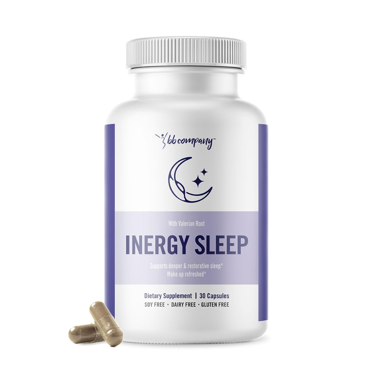 BB Company inergySLEEP natural sleep supplement front view with 30 capsules