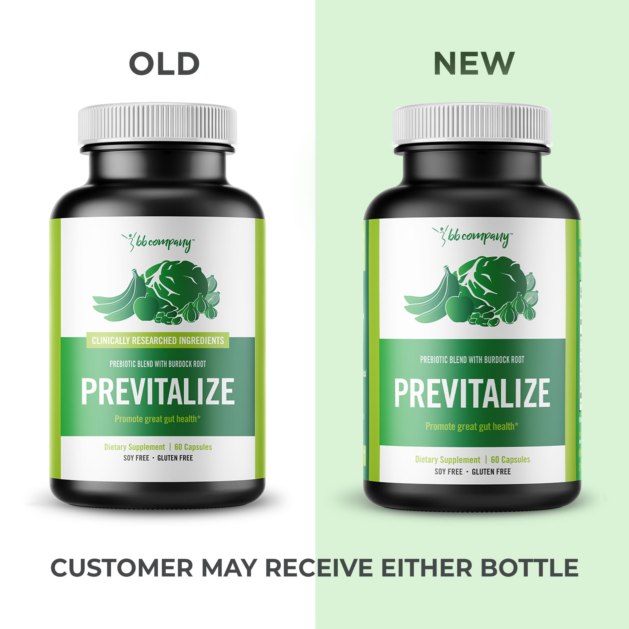BB Company Previtalize Prebiotic Supplement capsules in a glass