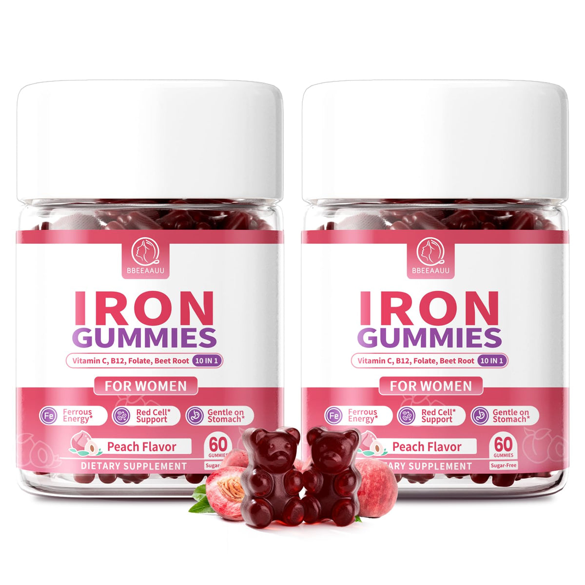 BBEEAAUU Iron Gummies for Women, peach flavour front view