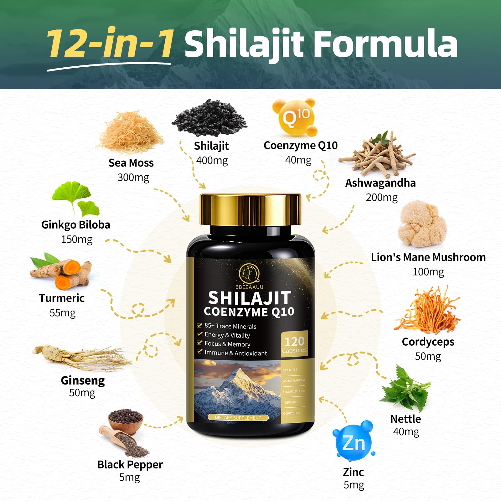 BBEEAAUU Shilajit and Sea Moss Capsules close-up of ingredients