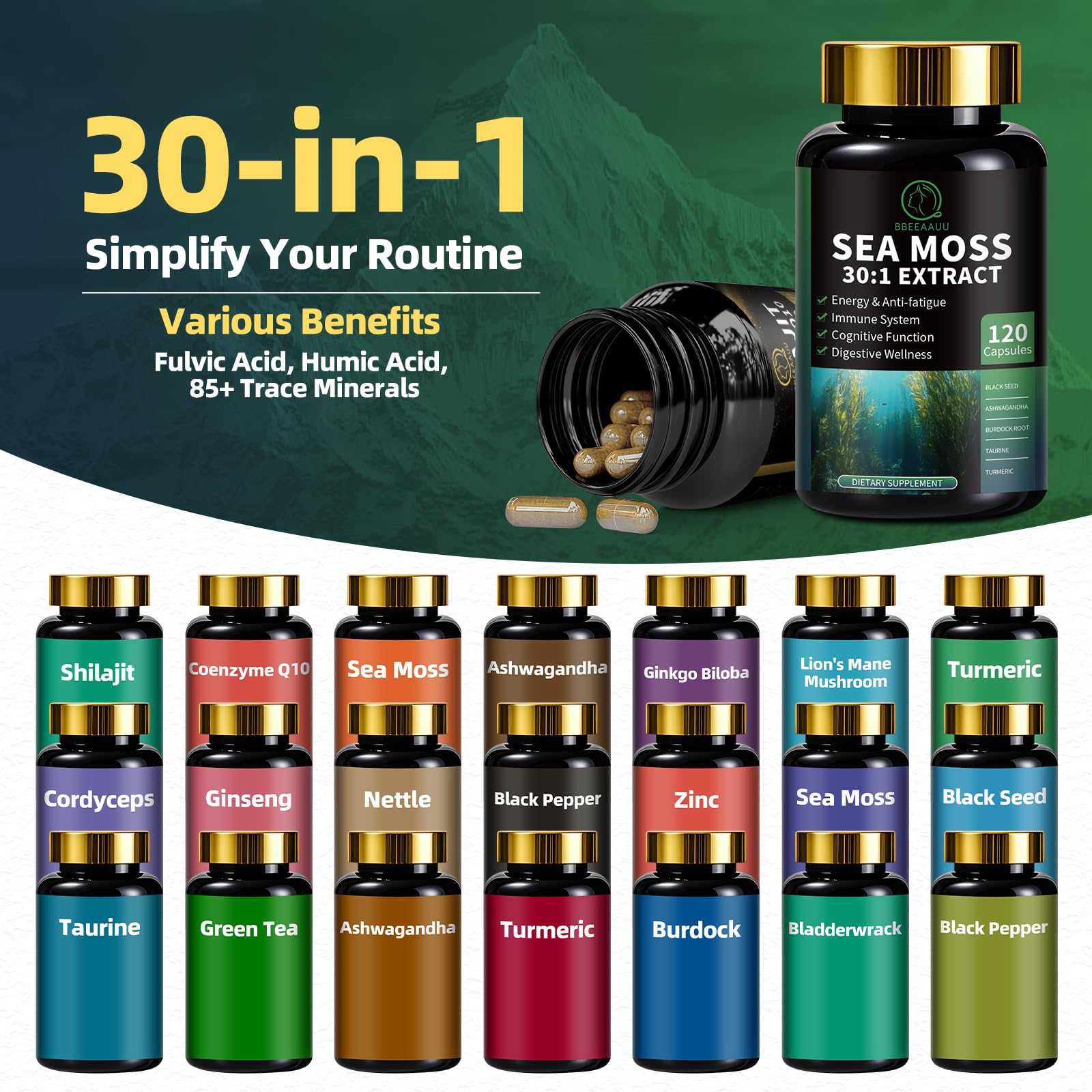 BBEEAAUU Shilajit and Sea Moss Capsules on a wooden table