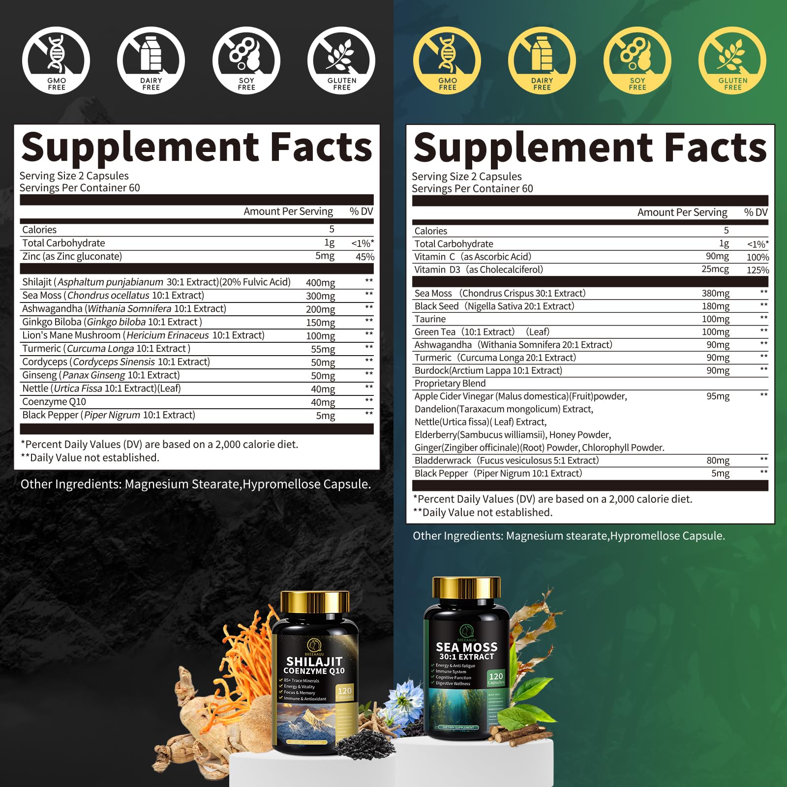 BBEEAAUU Shilajit and Sea Moss Capsules side view