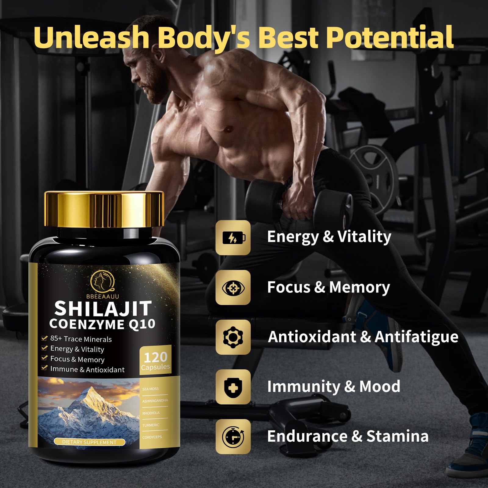 BBEEAAUU Shilajit Capsules opened bottle with capsules visible