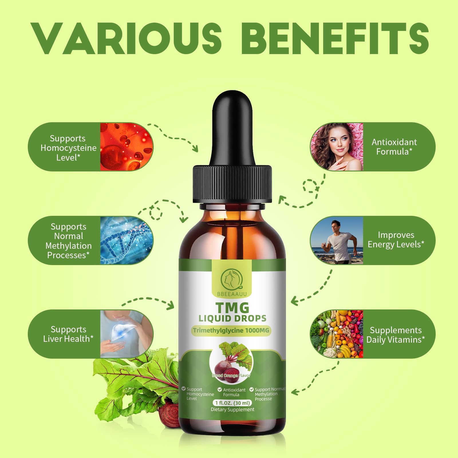 BBEEAAUU TMG Liquid Drops 1000mg dosage dropper