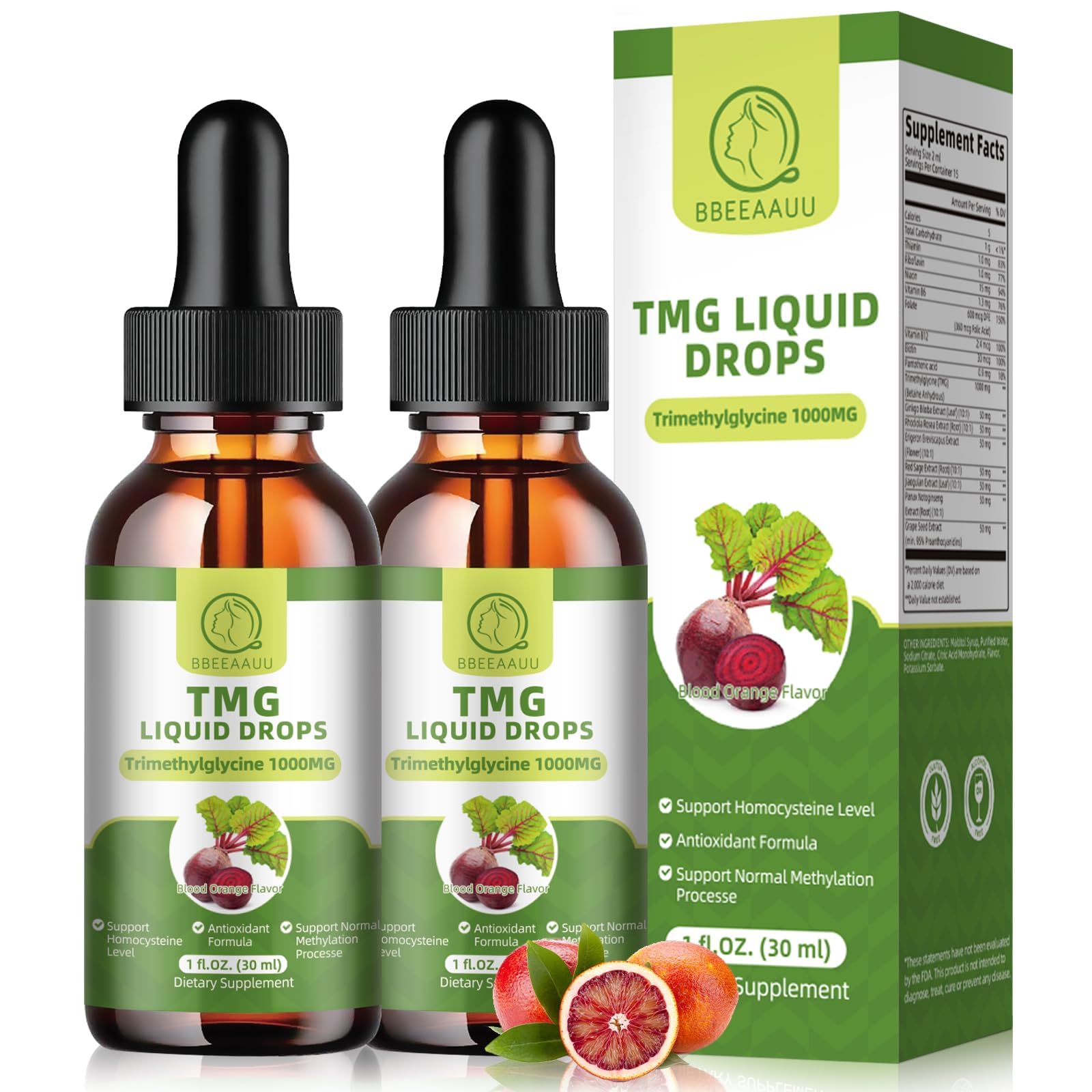 BBEEAAUU TMG Liquid Drops 1000mg front view with packaging