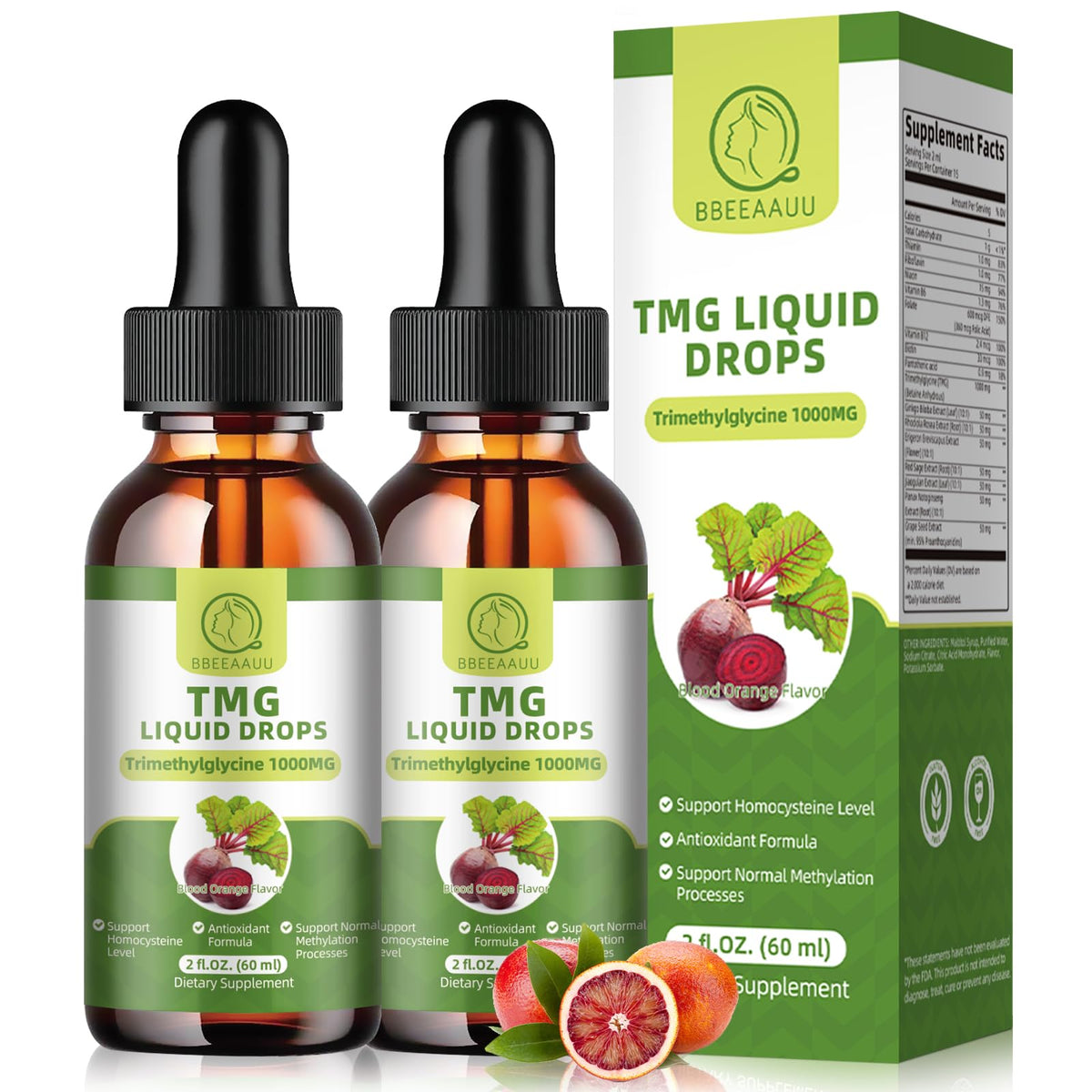 BBEEAAUU TMG Liquid Drops 1000mg front view with packaging