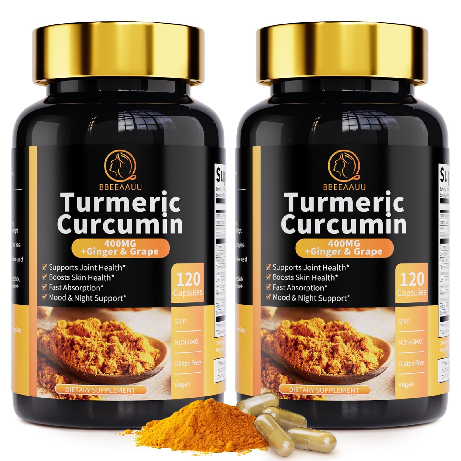 BBEEAAUU Turmeric Capsules front view with packaging