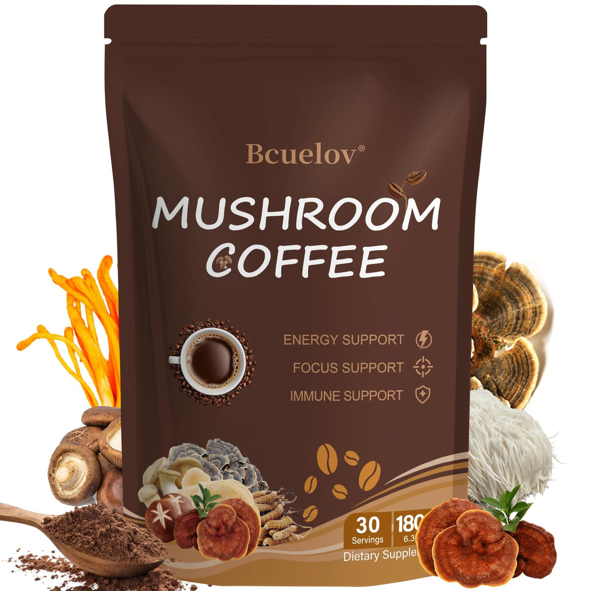 Bcuelov Adaptogen Mushroom Blend packaging front view