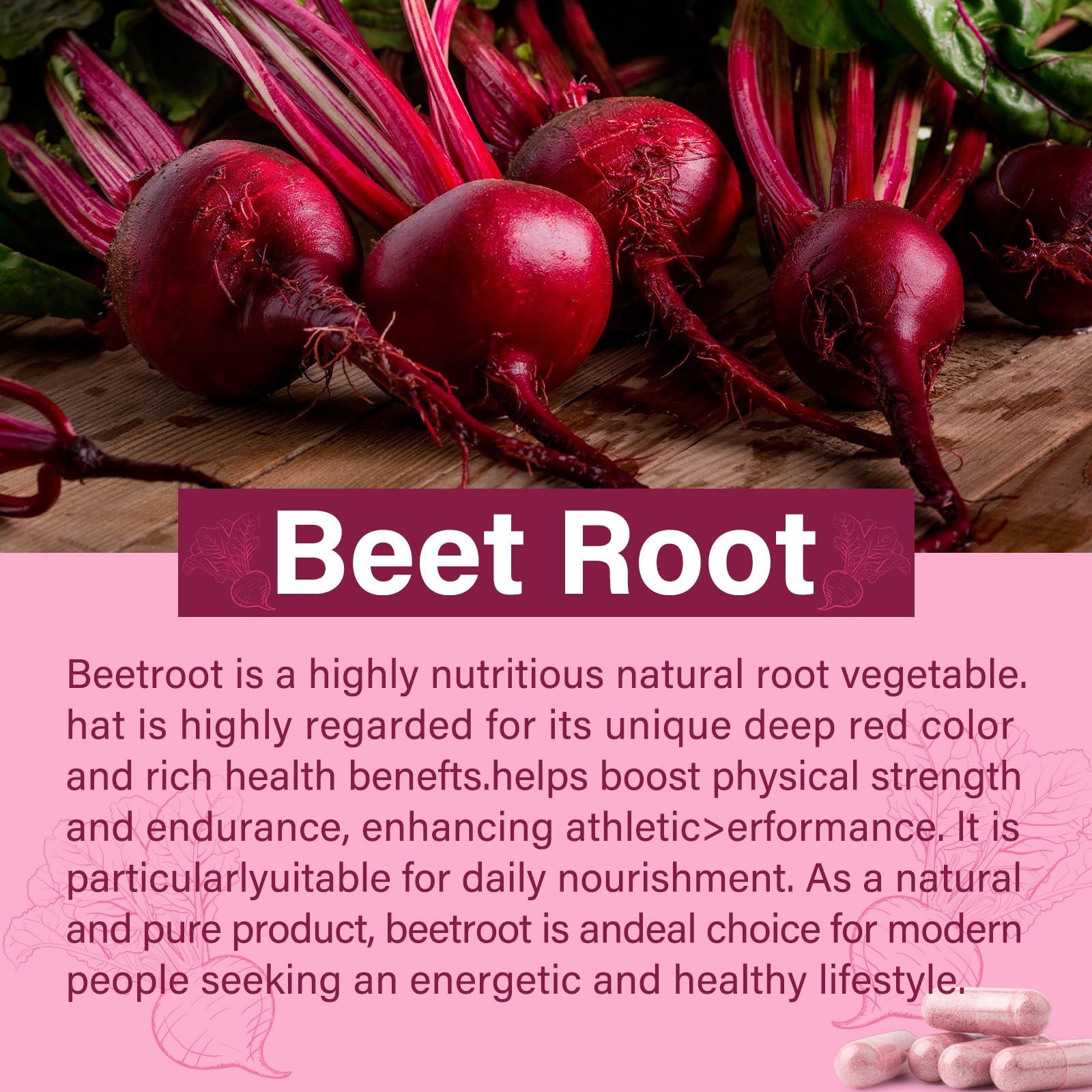 Bcuelov Beet Root Powder Capsules on a wooden table