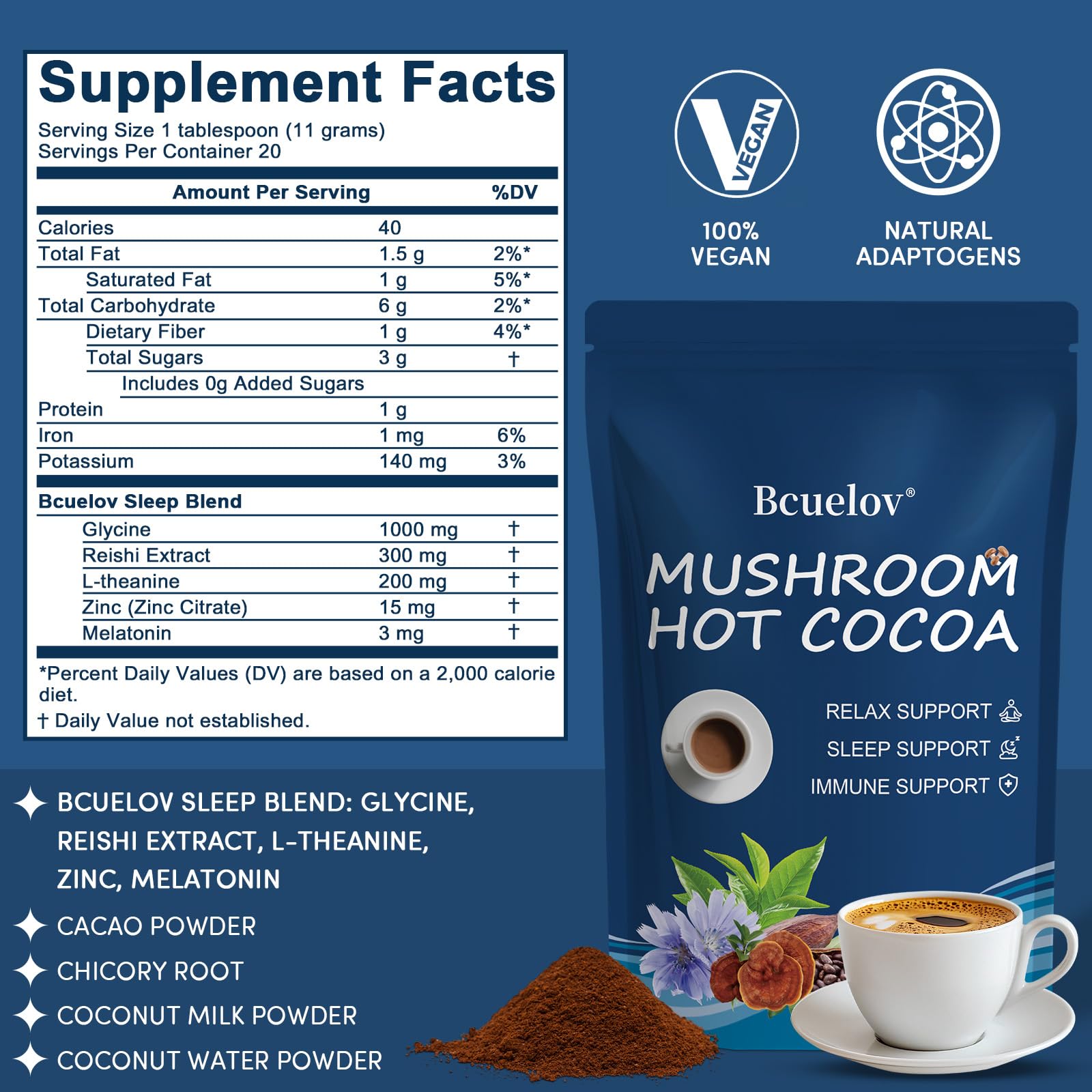 Bcuelov Mushroom Hot Cocoa Sleep Supplement packaging