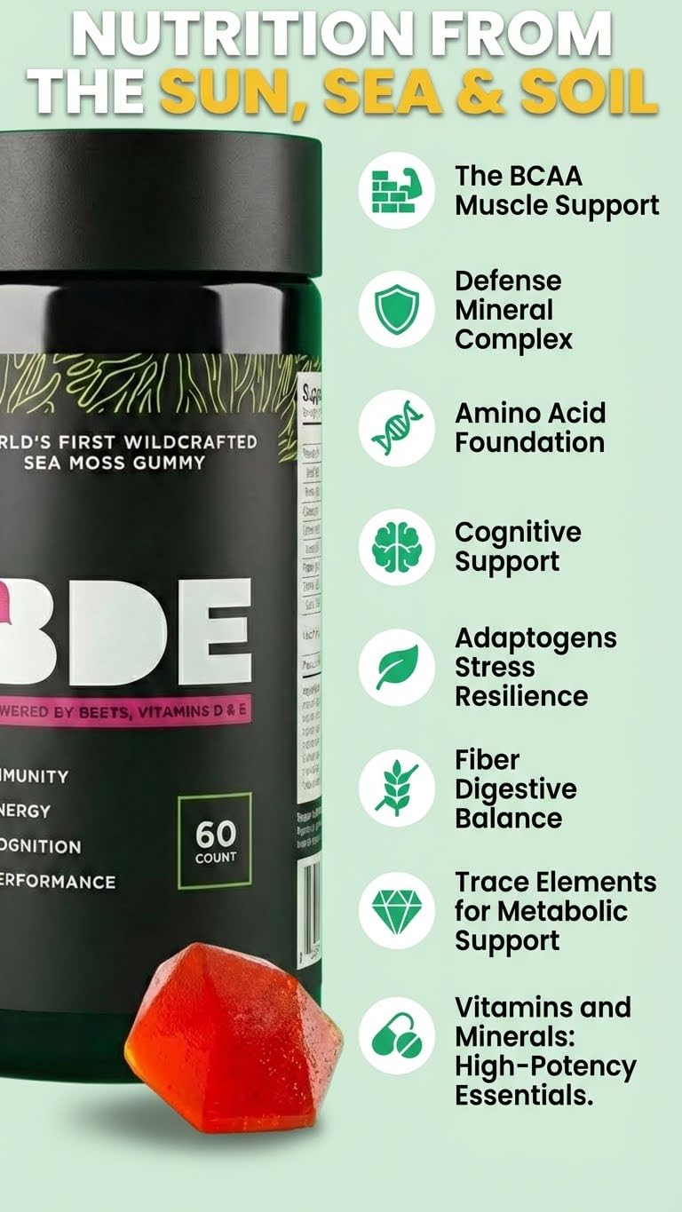 BDE Sea Moss Gummies displayed with fresh fruits