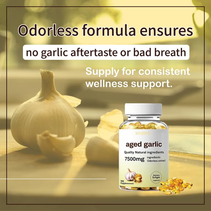 BDQBDQ Aged Garlic Extract softgels on a wooden table