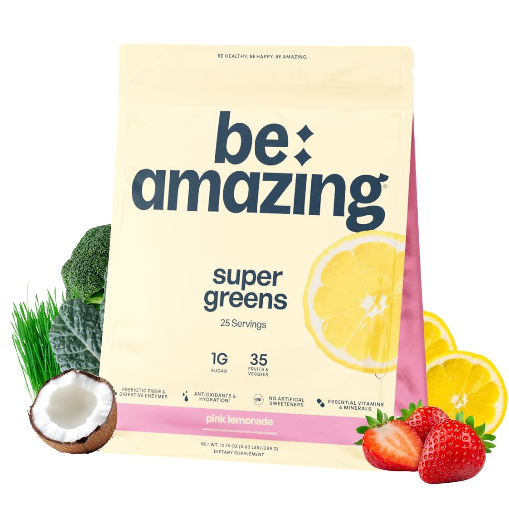 BE AMAZING Super Greens Pink Lemonade front view packaging
