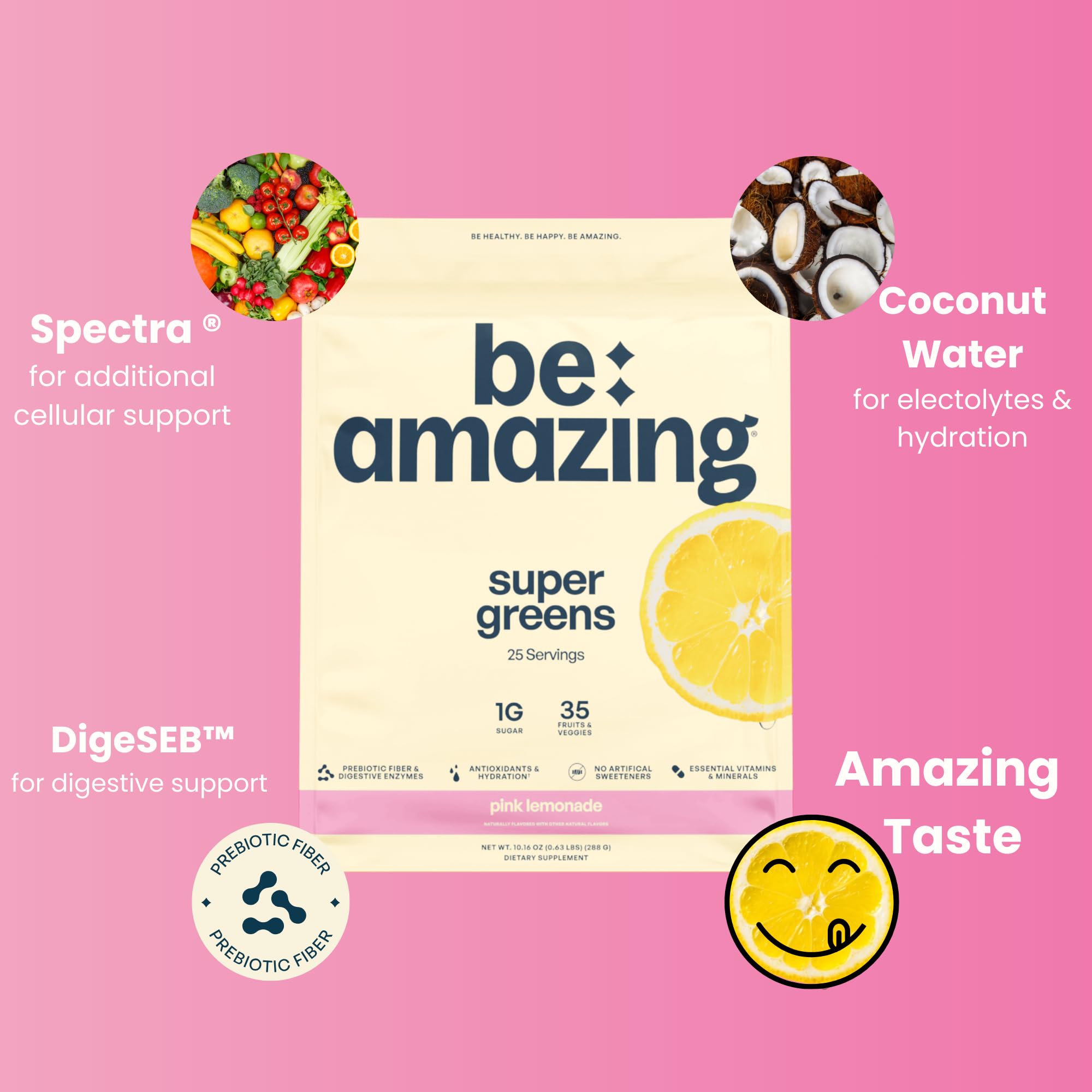 BE AMAZING Super Greens Pink Lemonade mixed in a glass