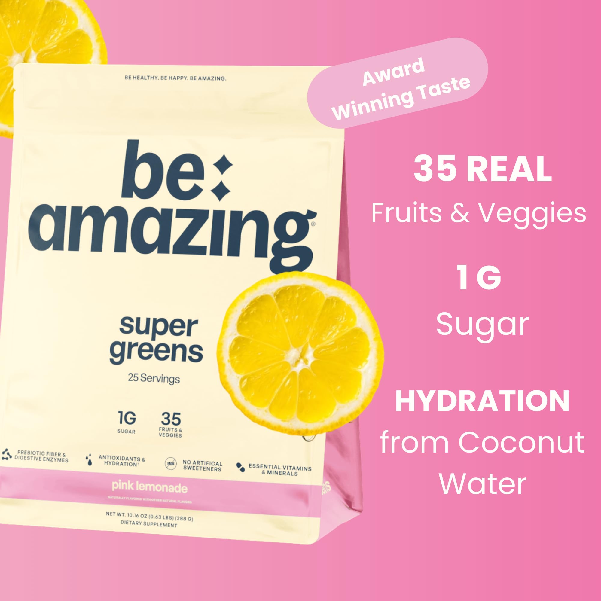 BE AMAZING Super Greens Pink Lemonade scoop with powder