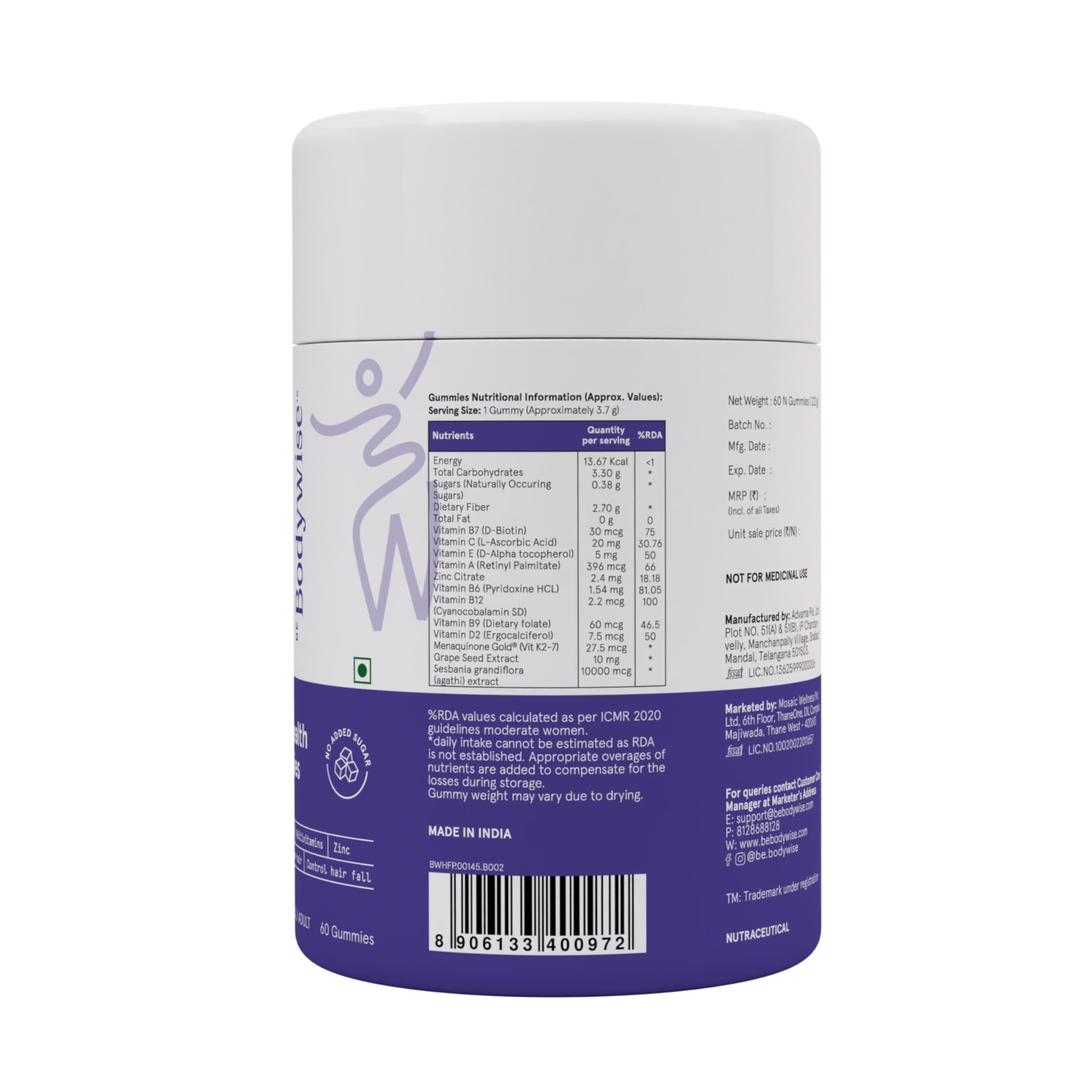 Be Bodywise Biotin Gummies packaging dimensions