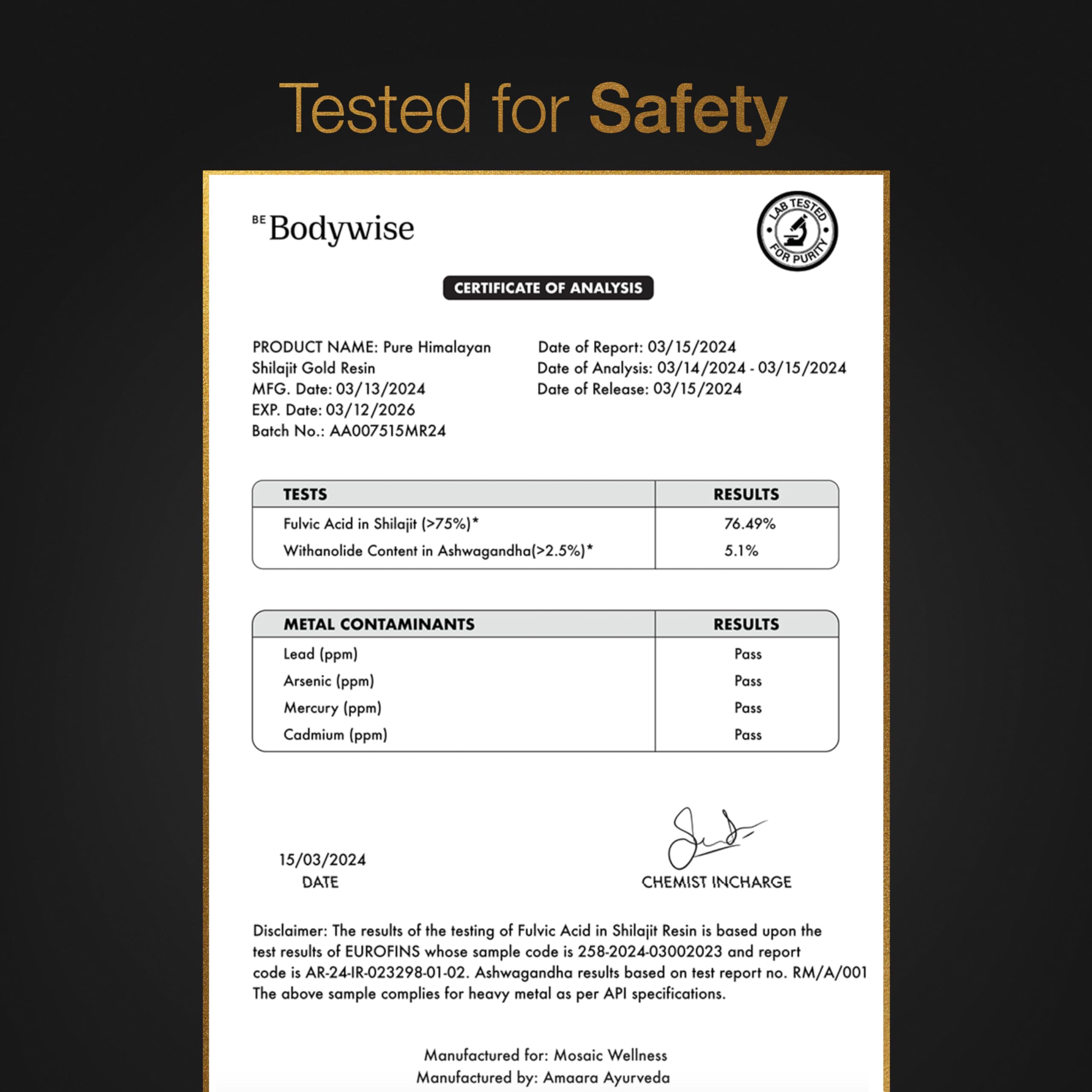 Be Bodywise Pure Himalayan Shilajit Gold Gummies ingredients list