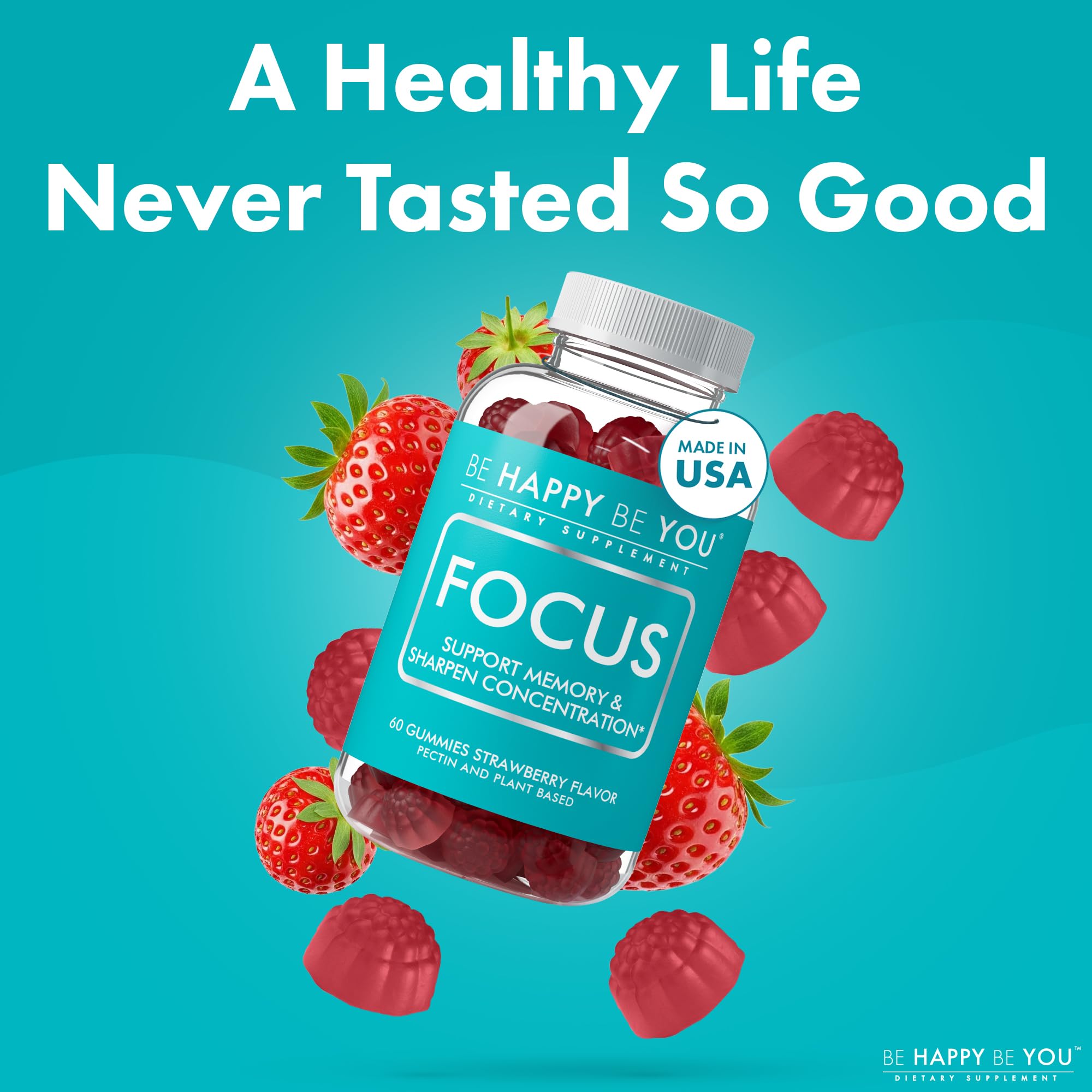 Be Happy Be You Focus Gummies with a glass of water