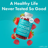 Be Happy Be You Focus Gummies with a glass of water