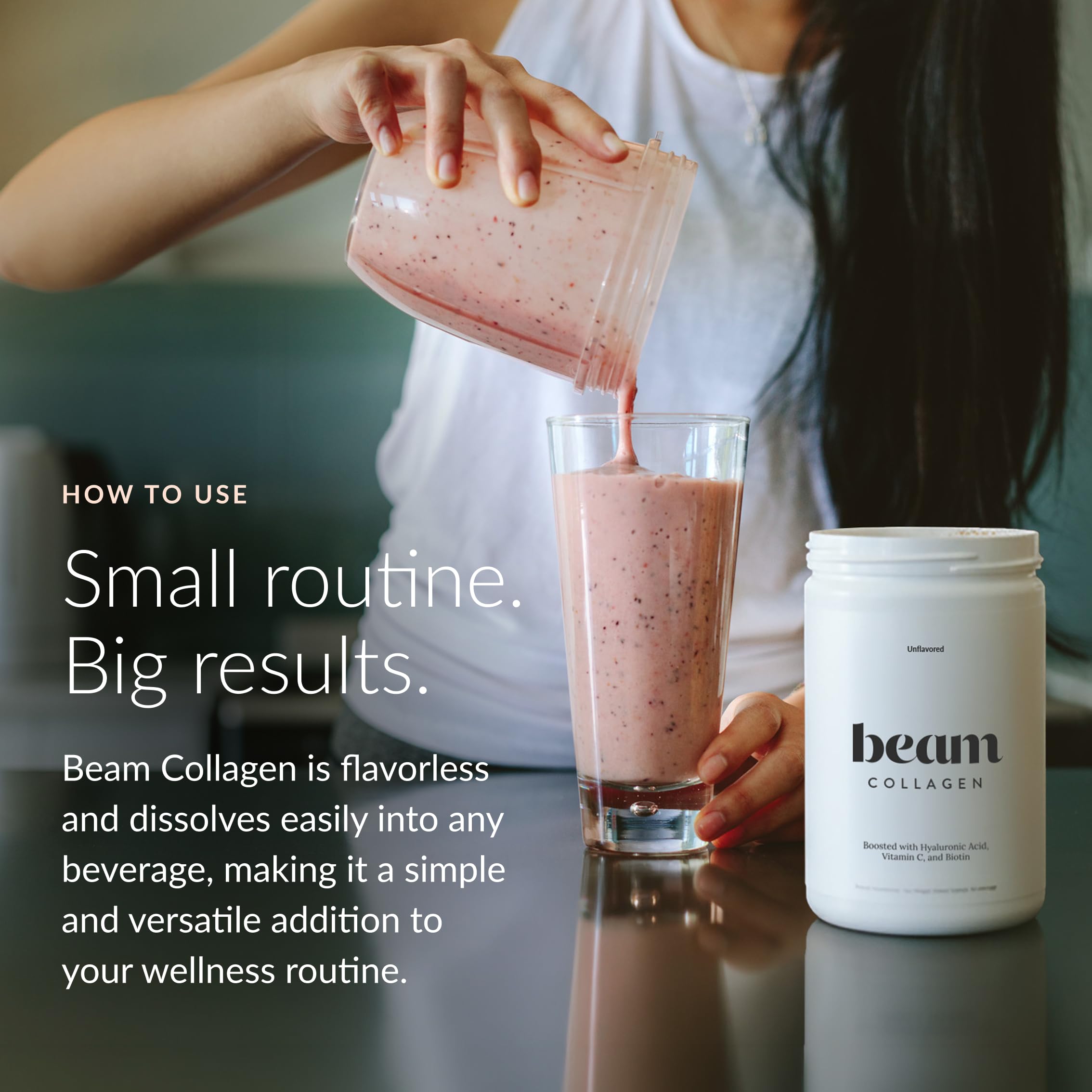 Beam Collagen Powder side view showing packaging dimensions