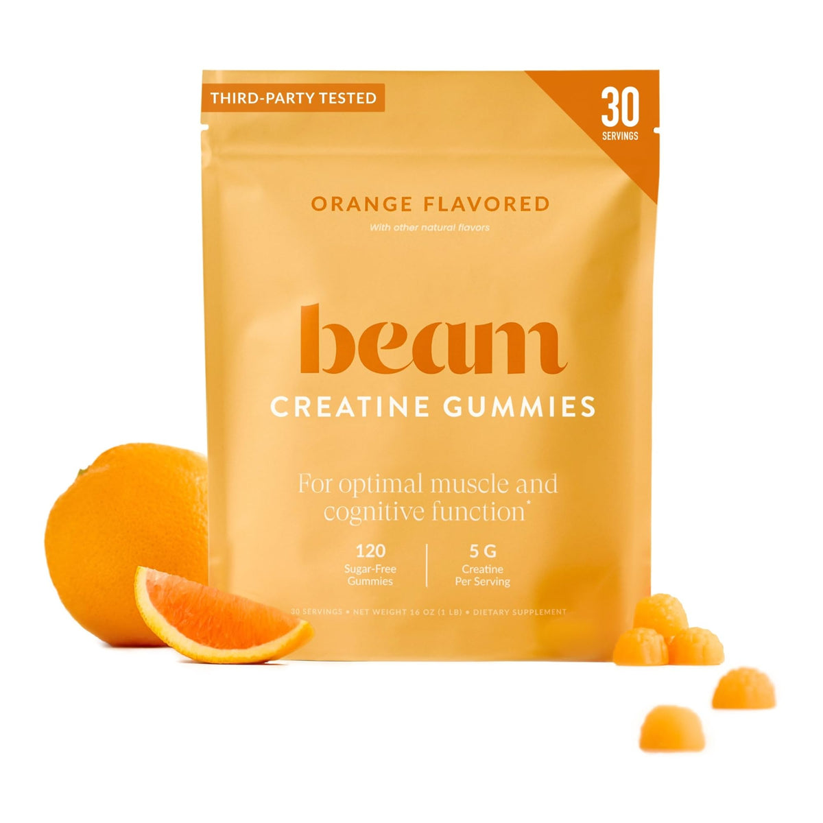 Beam Creatine Gummies front view with orange flavour packaging