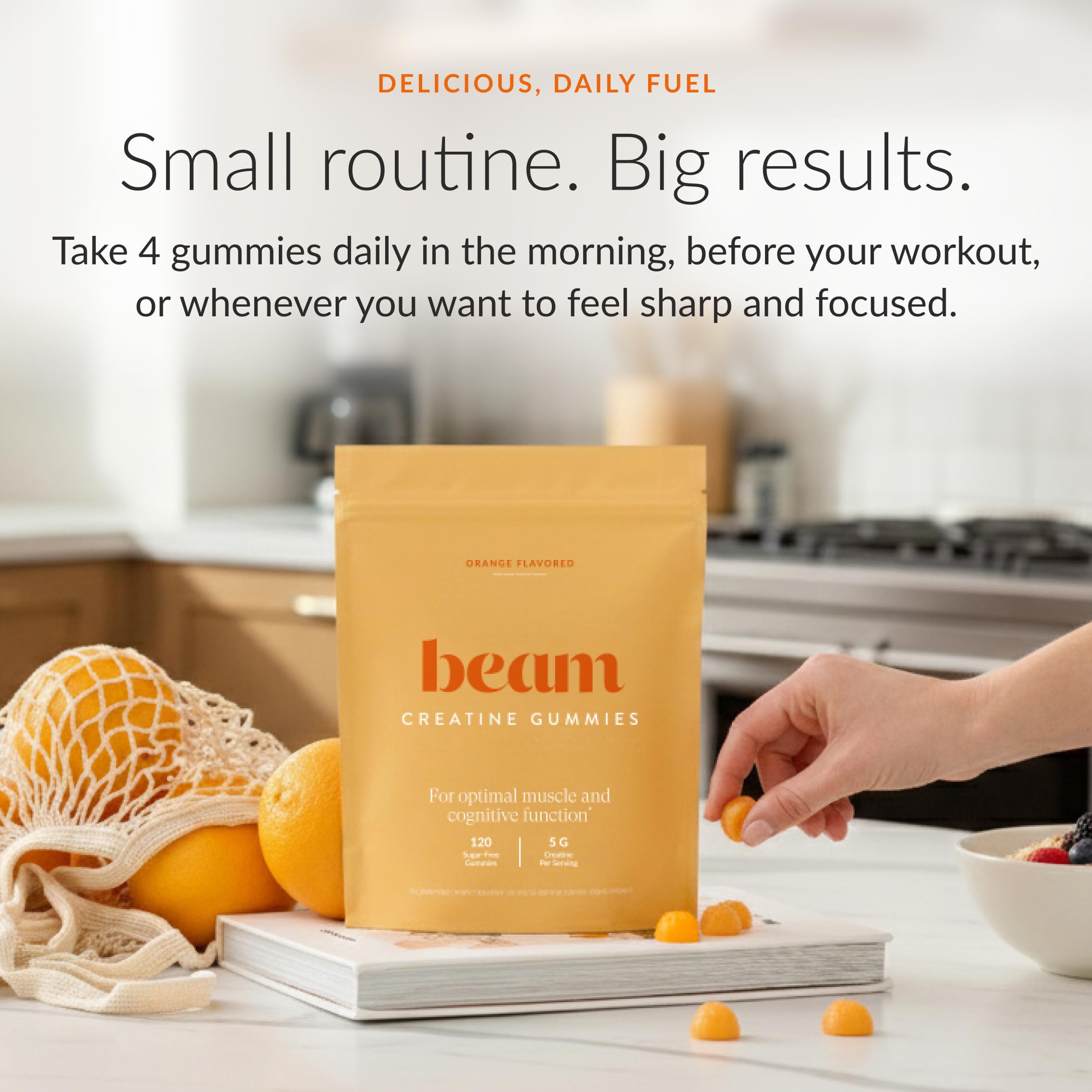 Beam Creatine Gummies packaging on a gym bench