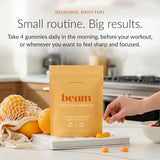 Beam Creatine Gummies packaging on a gym bench