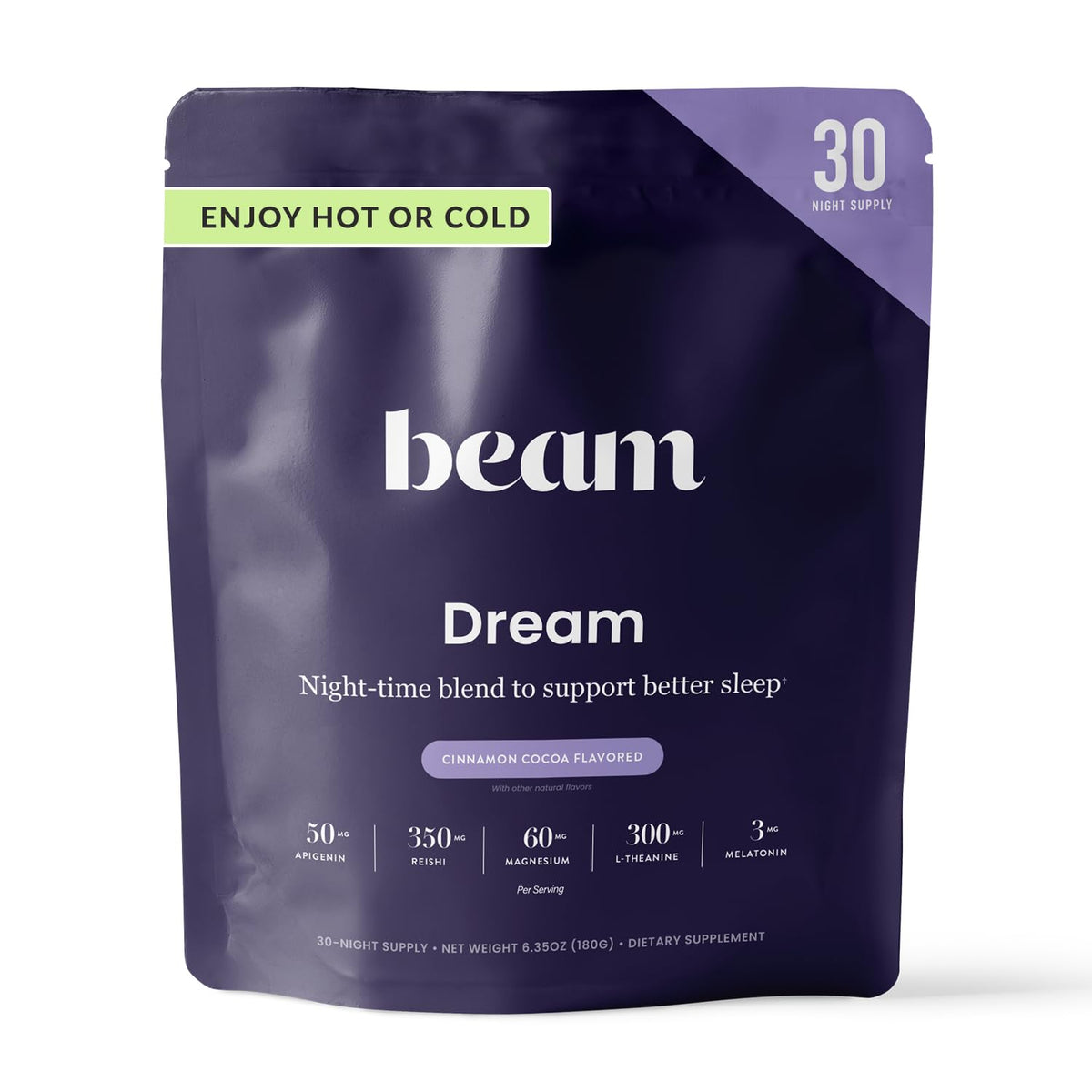 BEAM Dream Sleep Powder front view packaging with cocoa scent