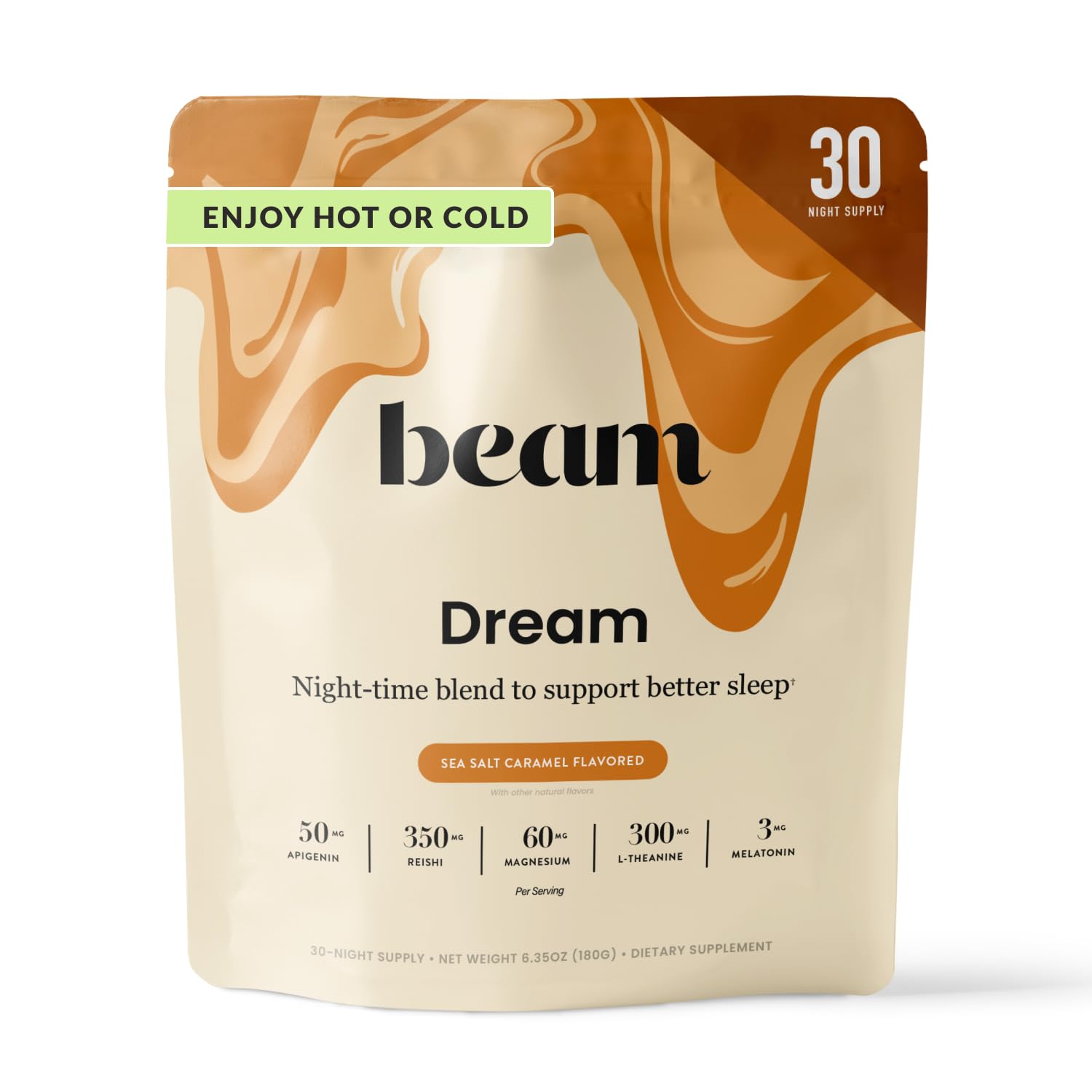 BEAM Dream Sleep Powder packaging front view with Sea Salt Caramel flavour