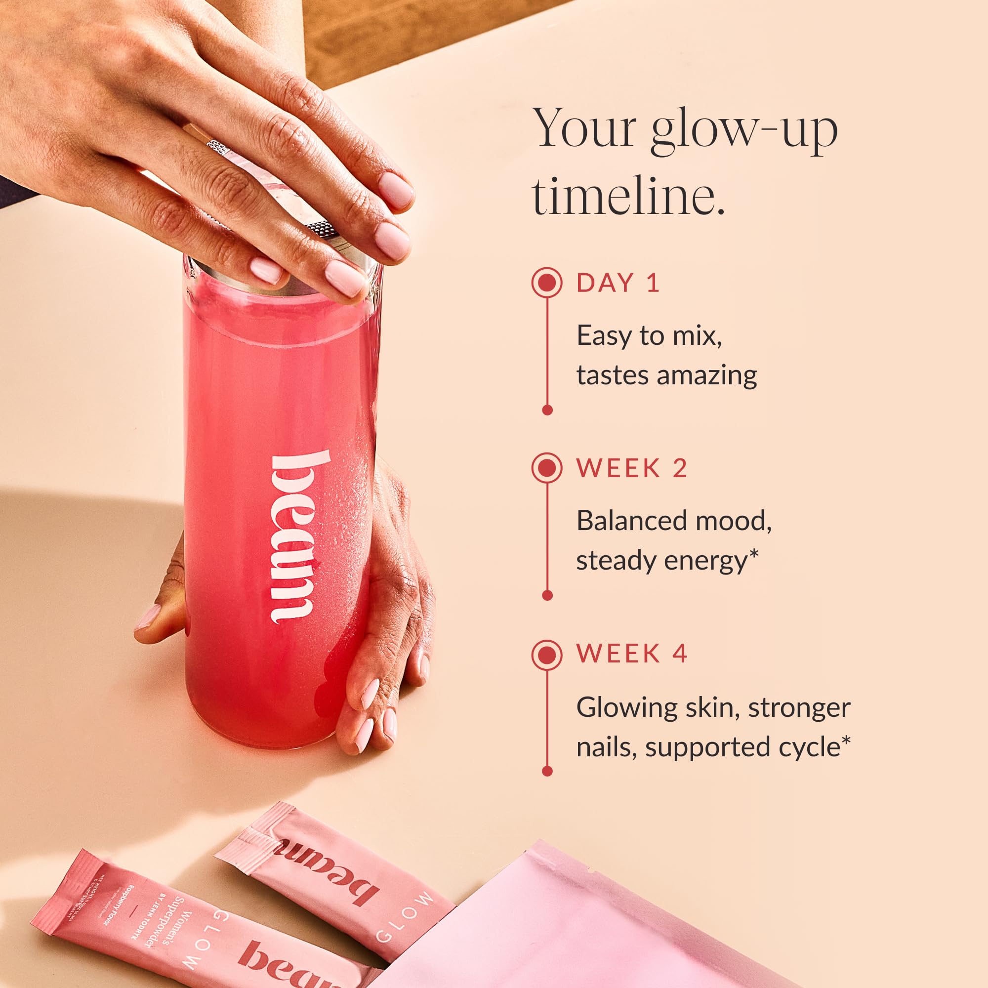 Beam Glow Women's Daily Wellness Supplement with fresh raspberries