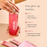 Beam Glow Women's Daily Wellness Supplement with fresh raspberries