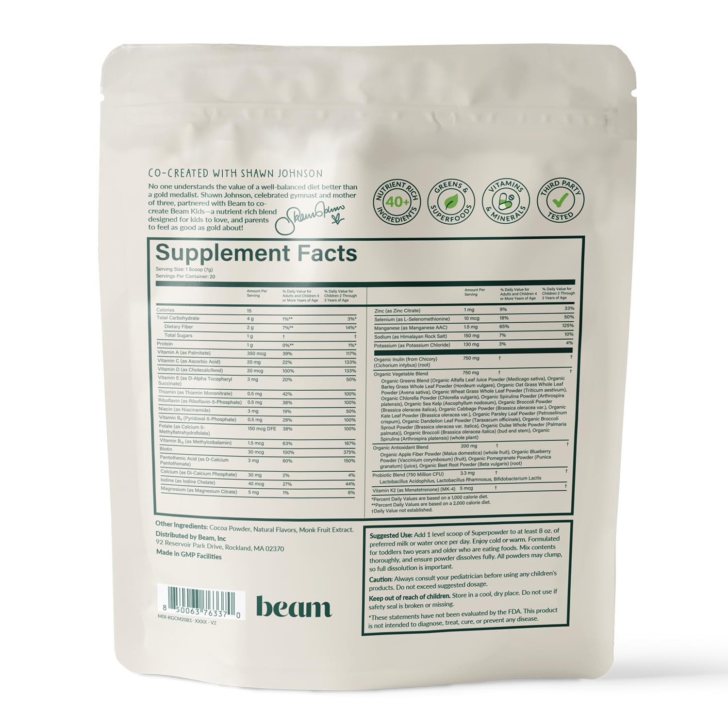 Beam Kids Multivitamin Powder 150g packaging side view