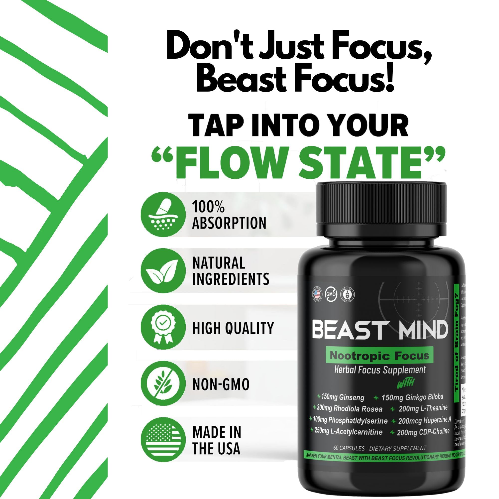 Beast Mind Focus Nootropic Supplement side view of bottle