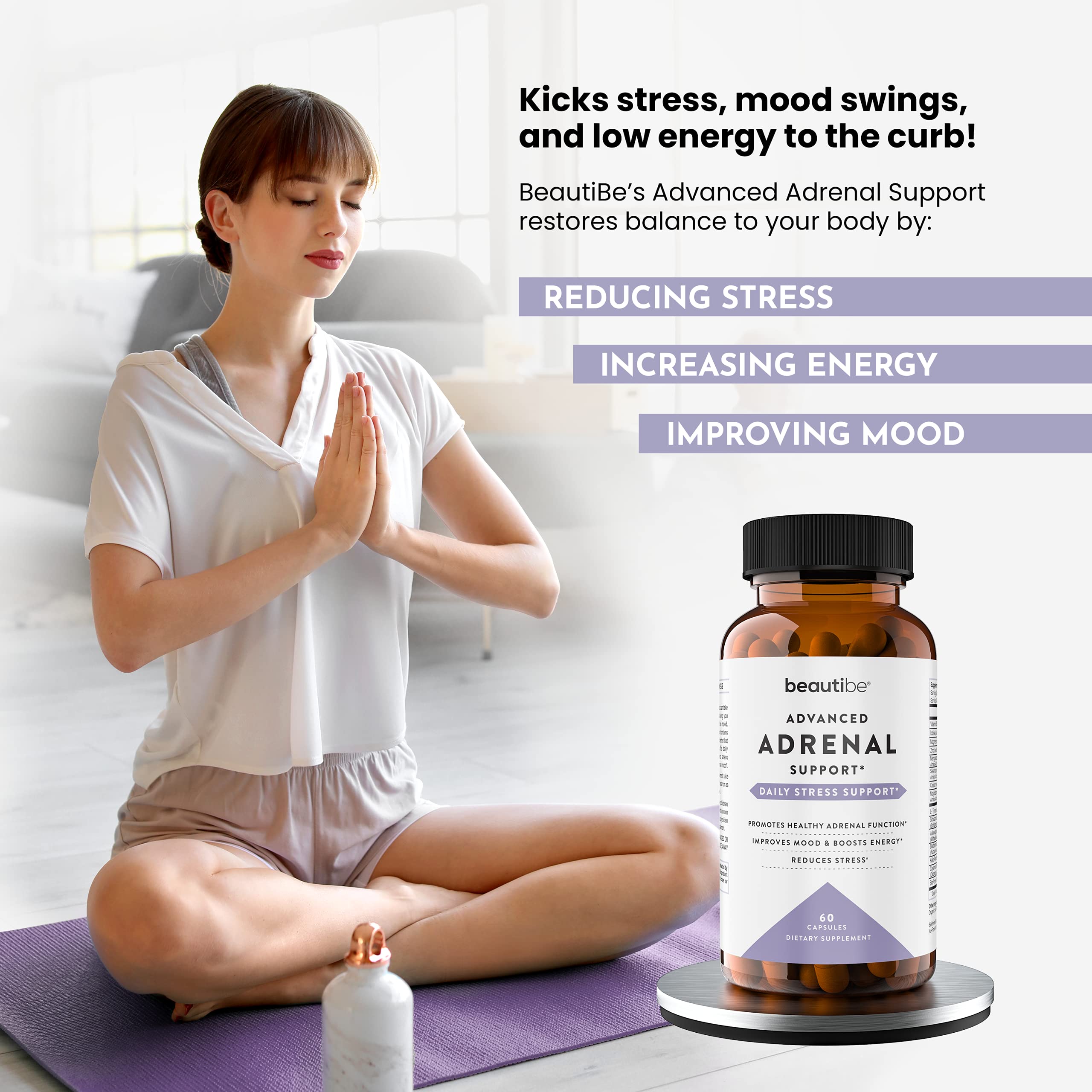 BeautiBe Adrenal Support Supplement 60 Capsules bottle on a wooden table