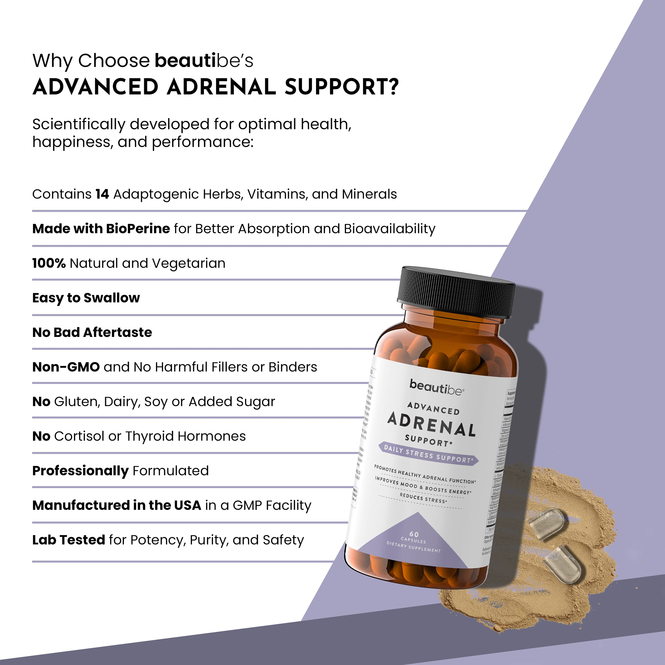 BeautiBe Adrenal Support Supplement 60 Capsules in a kitchen setting