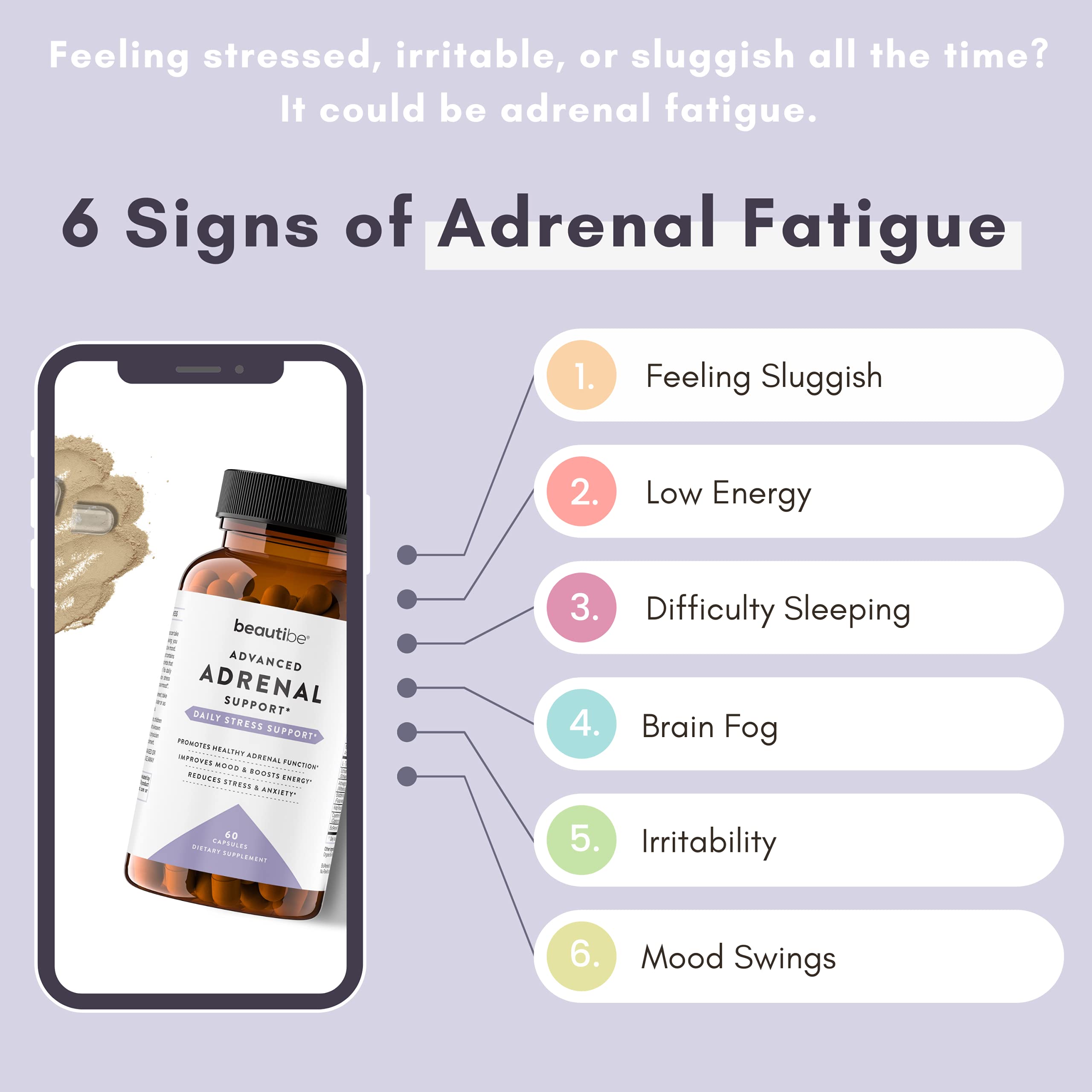 BeautiBe Adrenal Support Supplement 60 Capsules side view