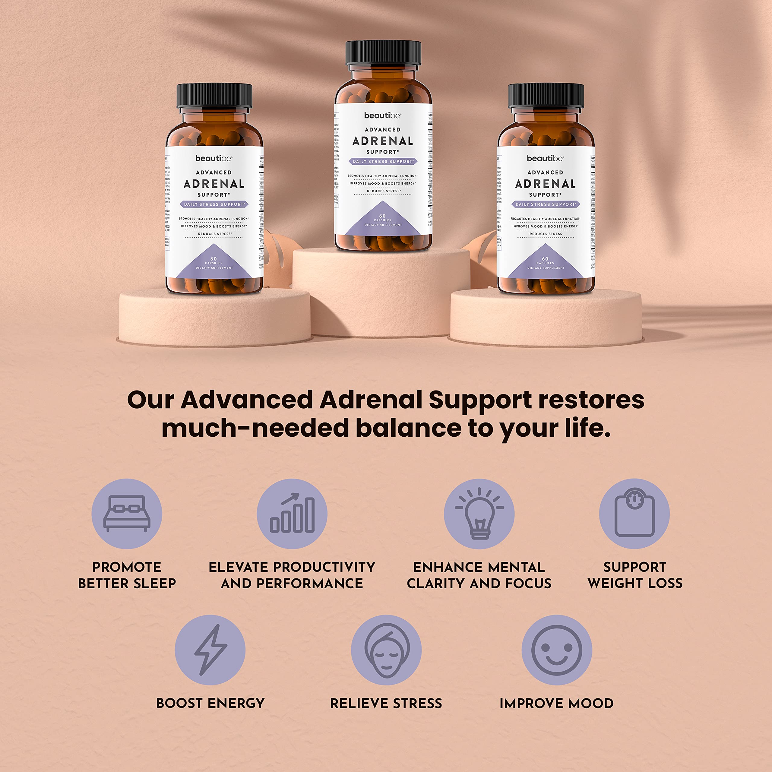 BeautiBe Adrenal Support Supplement 60 Capsules with ingredients list
