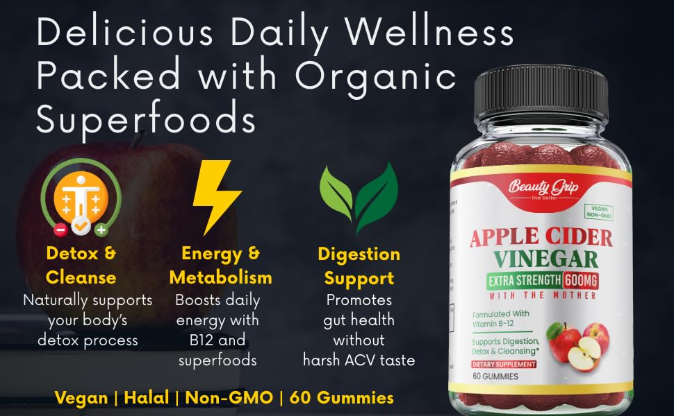 Beauty Grip Organic Apple Cider Vinegar Gummies with fresh apples