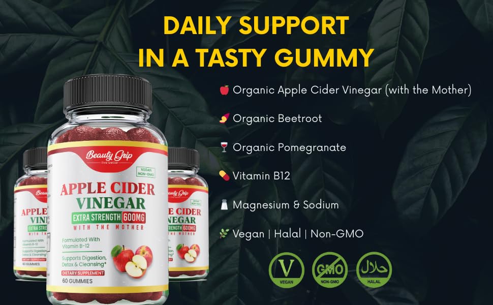 Beauty Grip Organic Apple Cider Vinegar Gummies with pomegranate