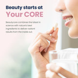 Beautycore Collagen Supplement capsules displayed on a marble table