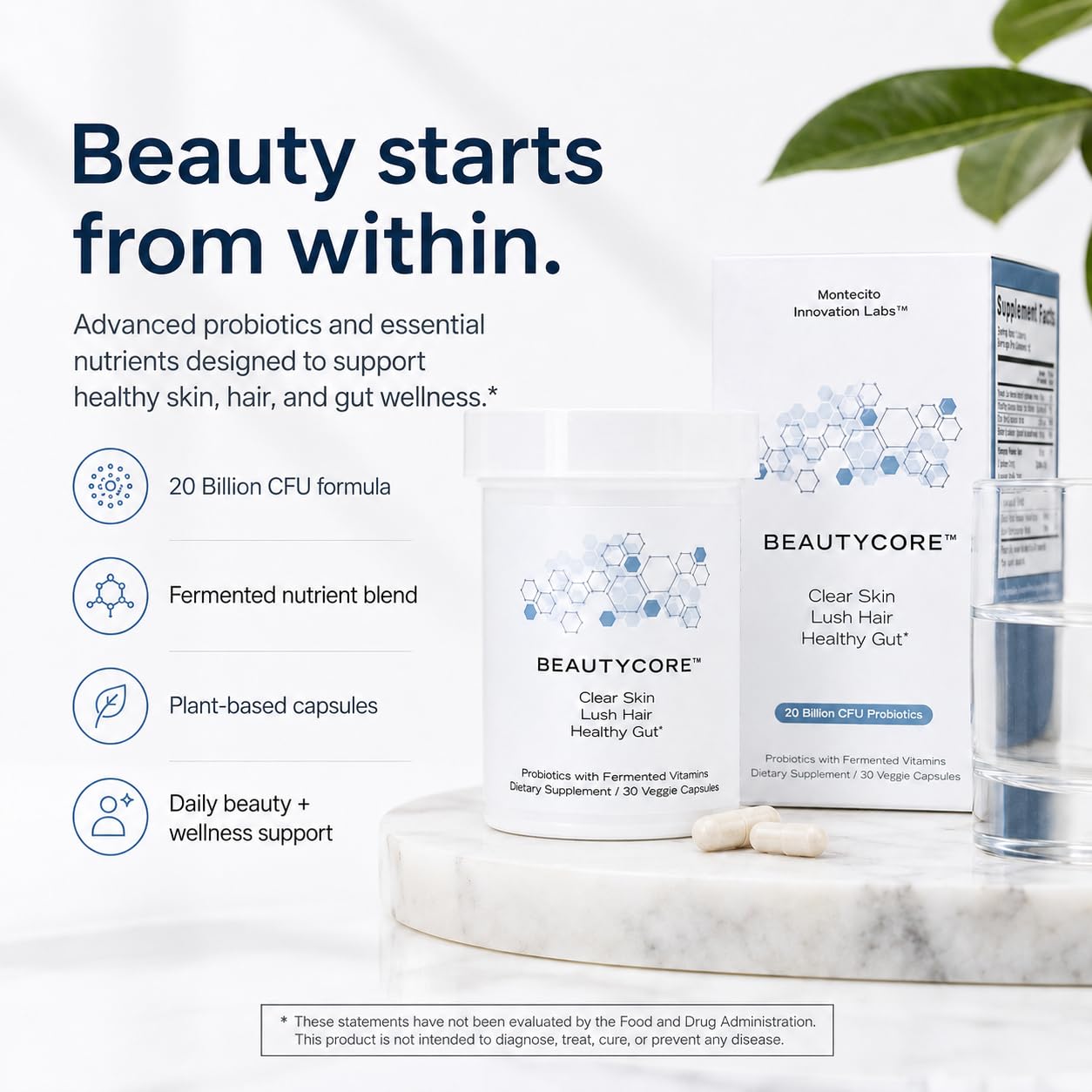 Beautycore Collagen Supplement capsules on a wooden surface