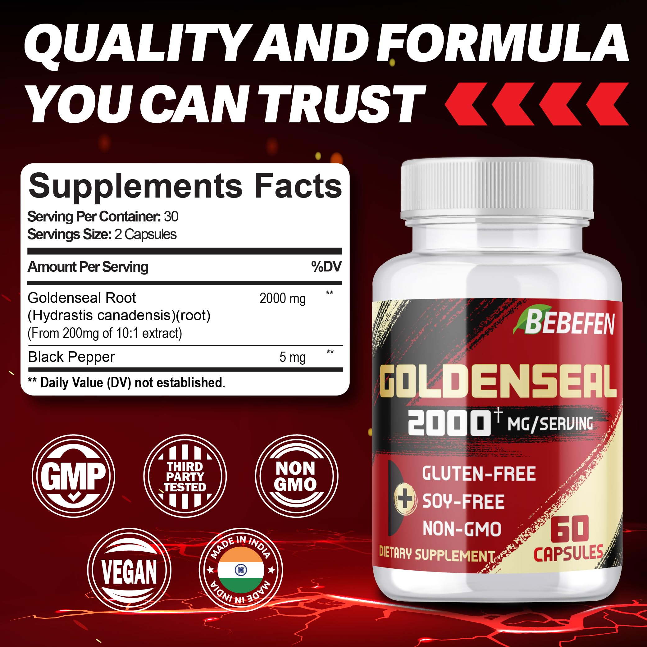 BEBEFEN Goldenseal Extract Capsules 2000mg side view