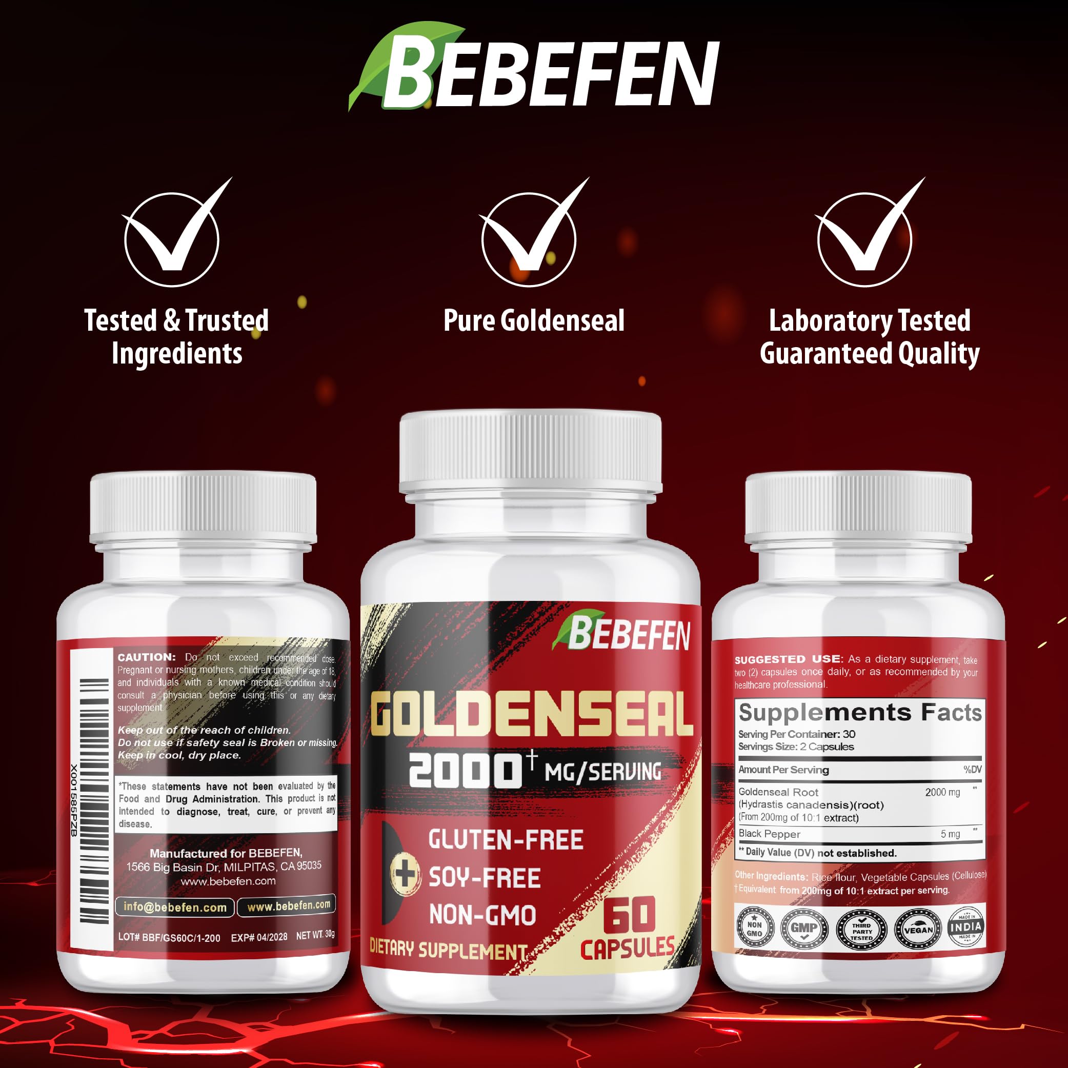 BEBEFEN Goldenseal Extract Capsules 2000mg with measuring spoon