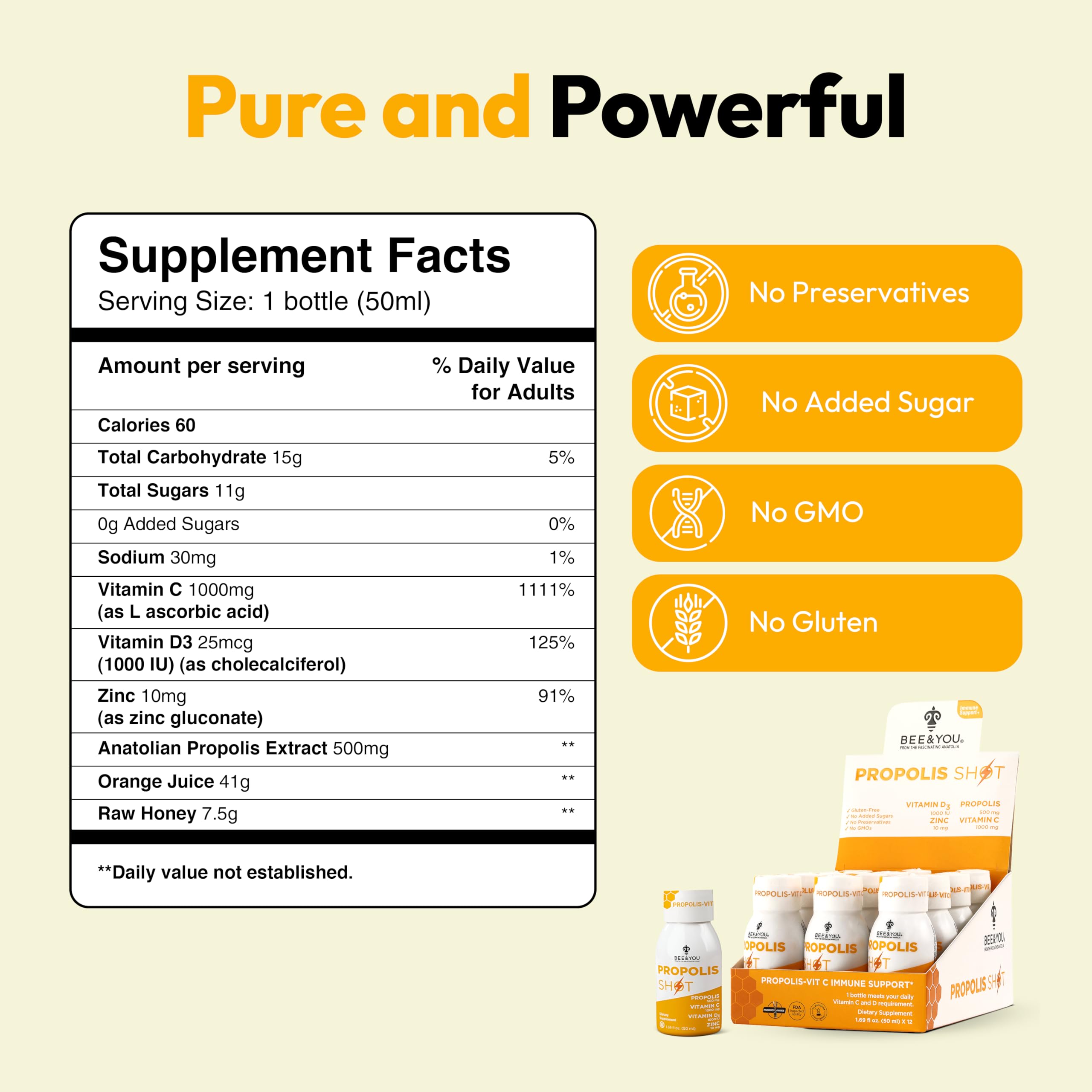 BEE & YOU Propolis daily wellness Support Supplement on a wooden table