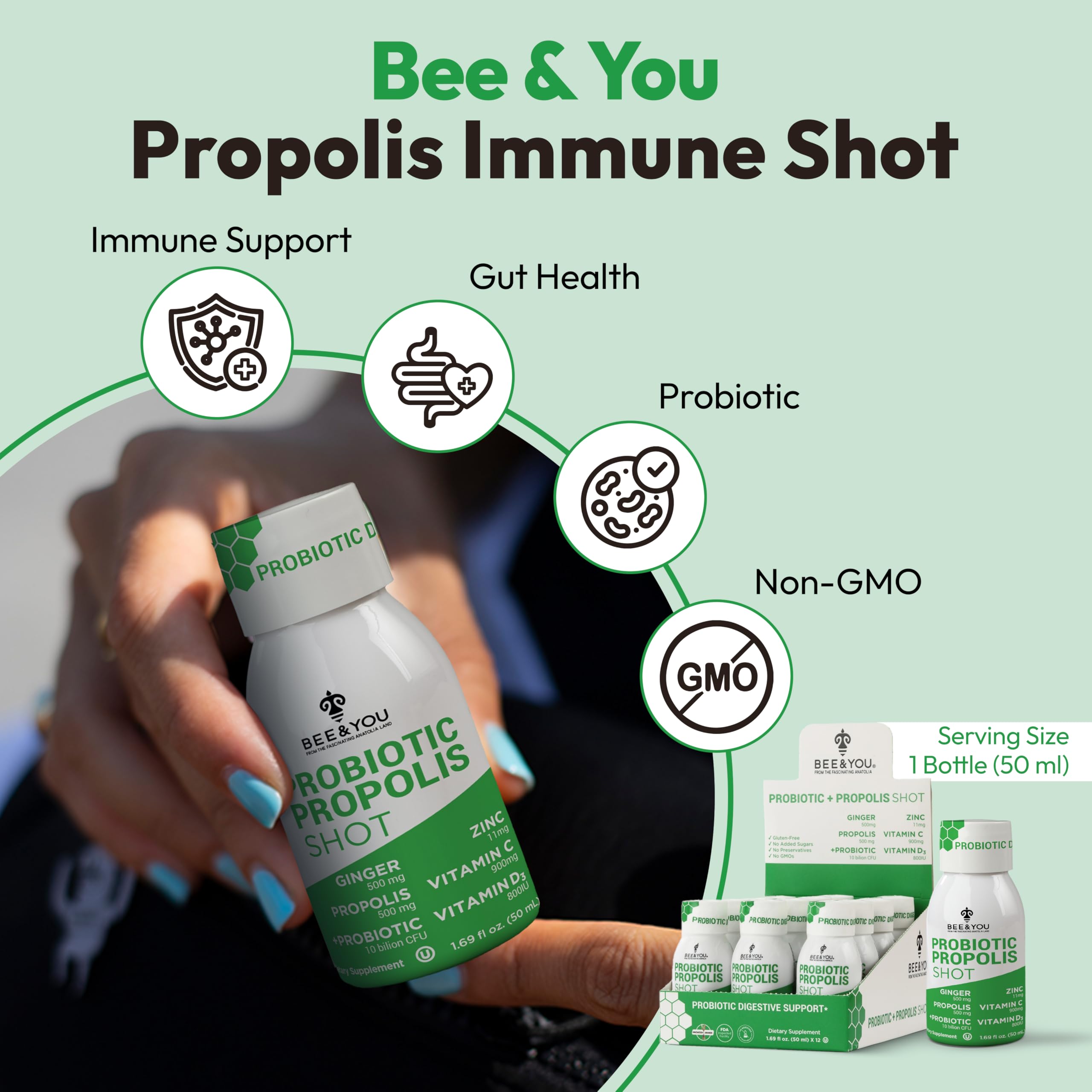 BEE & YOU Propolis Shot back view showing ingredients