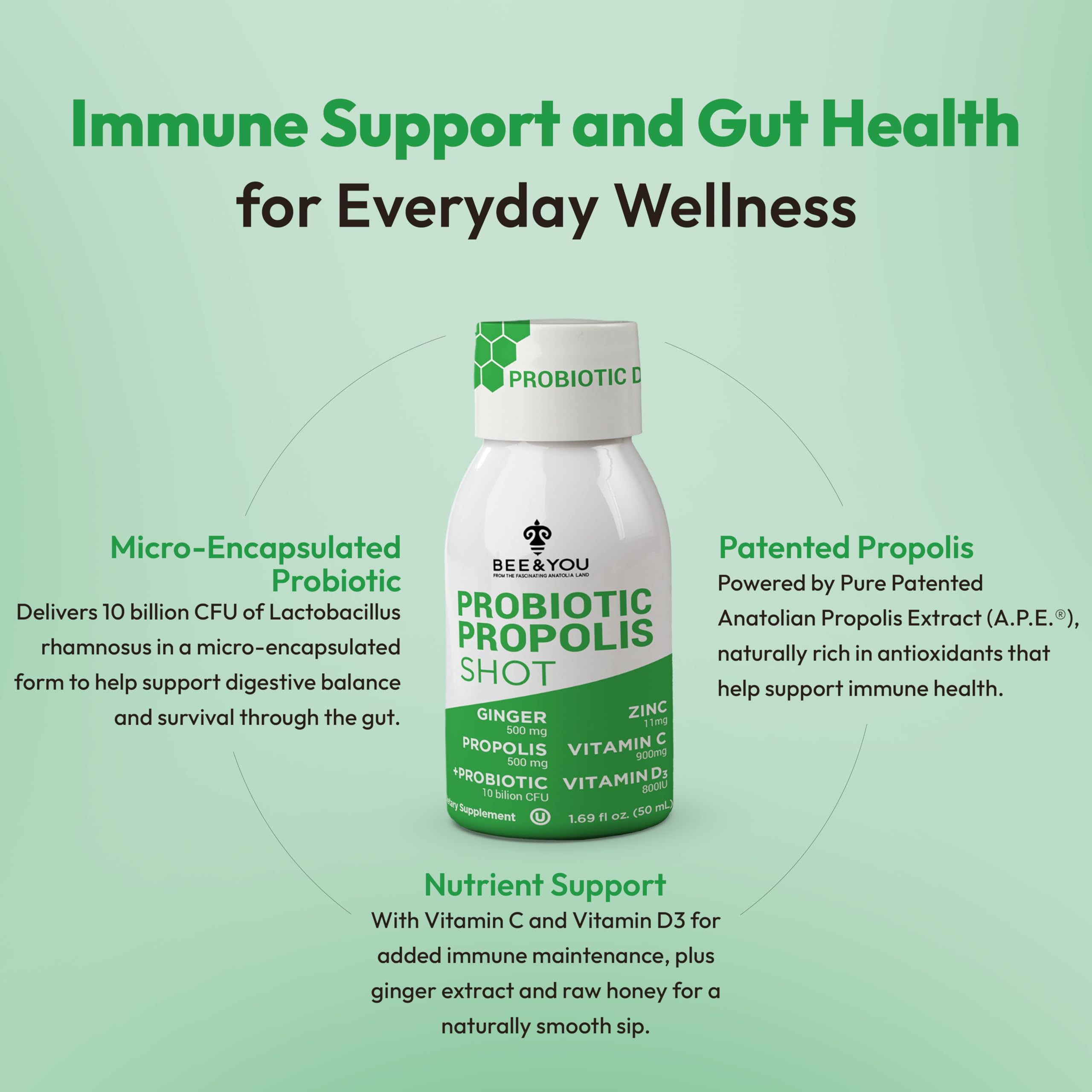 BEE & YOU Propolis Shot side view with dosage information